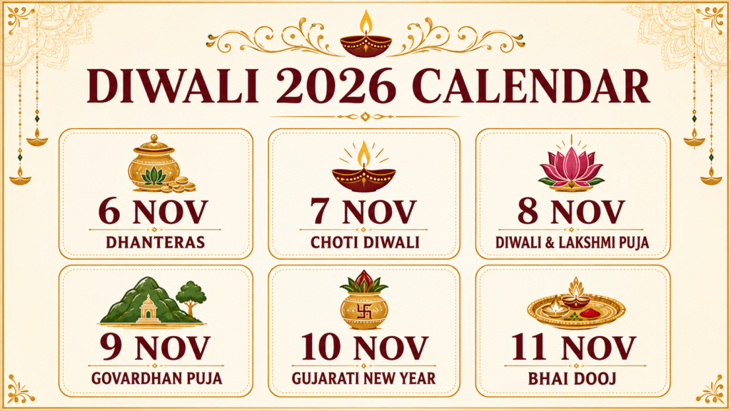 Diwali 2026 calendar में धनतेरस से भाई दूज तक की तारीखें