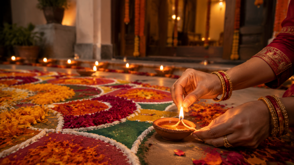 Diwali 2026 पर रंगोली के पास मिट्टी का दीपक जलाती महिला