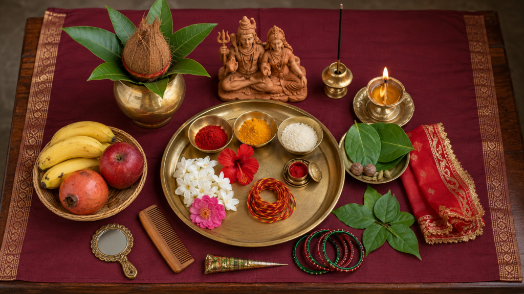 हरतालिका तीज पूजा की थाली, कलश, फूल, बेलपत्र, फल, चुनरी और श्रृंगार सामग्री
