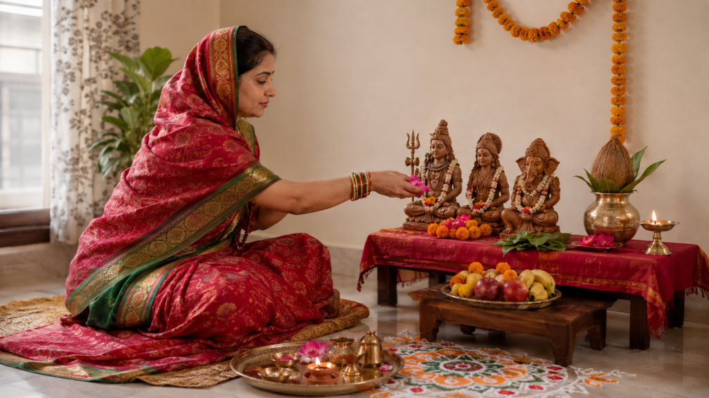 घर पर भगवान शिव, माता पार्वती और गणेश जी की हरतालिका तीज पूजा करती महिला