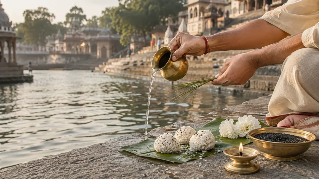 Pitru Paksha 2026 में नदी किनारे तर्पण और पिंडदान करते श्रद्धालु