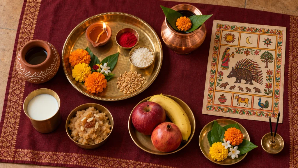 अहोई अष्टमी पूजा सामग्री में करवा दीपक रोली और अक्षत