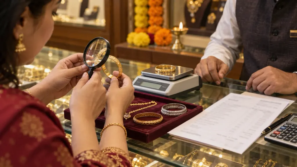 Dhanteras पर सोना खरीदते समय jewellery और bill जांचते ग्राहक