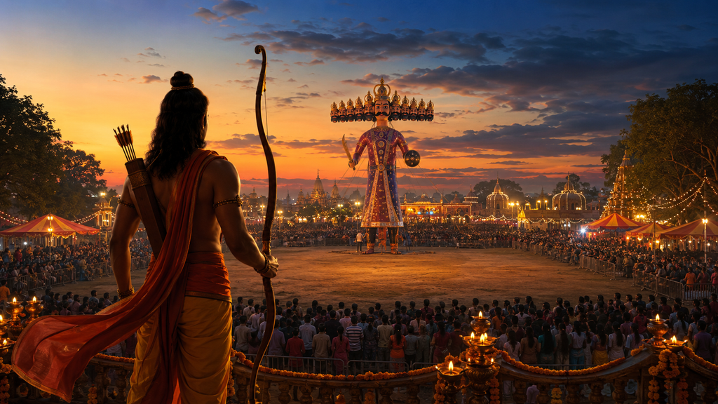 Dussehra 2026 पर विजयादशमी और रावण दहन का दृश्य 