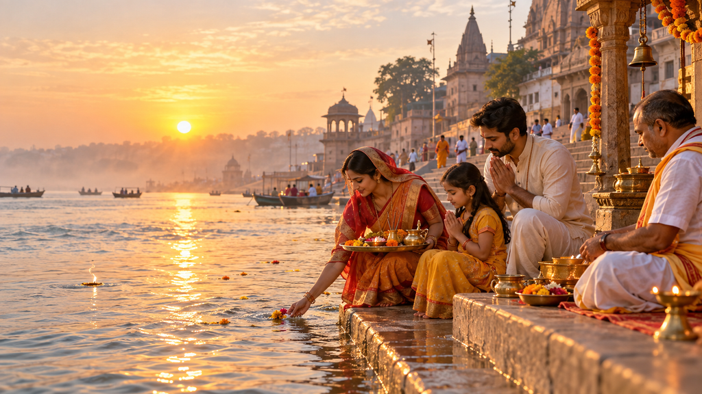 Ganga Dussehra 2027 पर सूर्योदय के समय गंगा घाट पर पूजा करते श्रद्धालु

