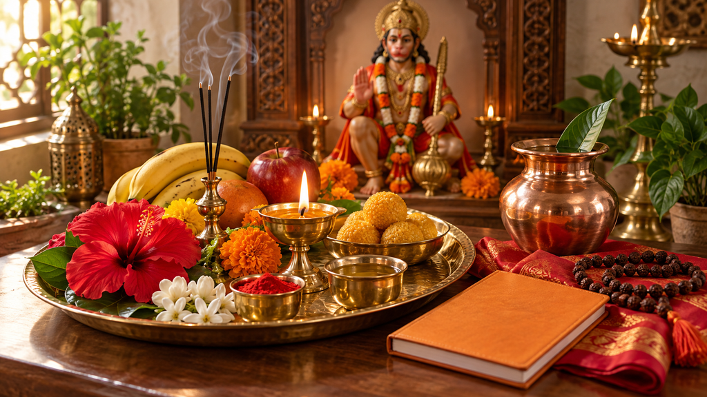 Hanuman Jayanti 2027 की पूजा विधि और पूजन सामग्री Visual: Home altar with diya, red flowers, fruits, laddoo and Hanuman Chalisa book