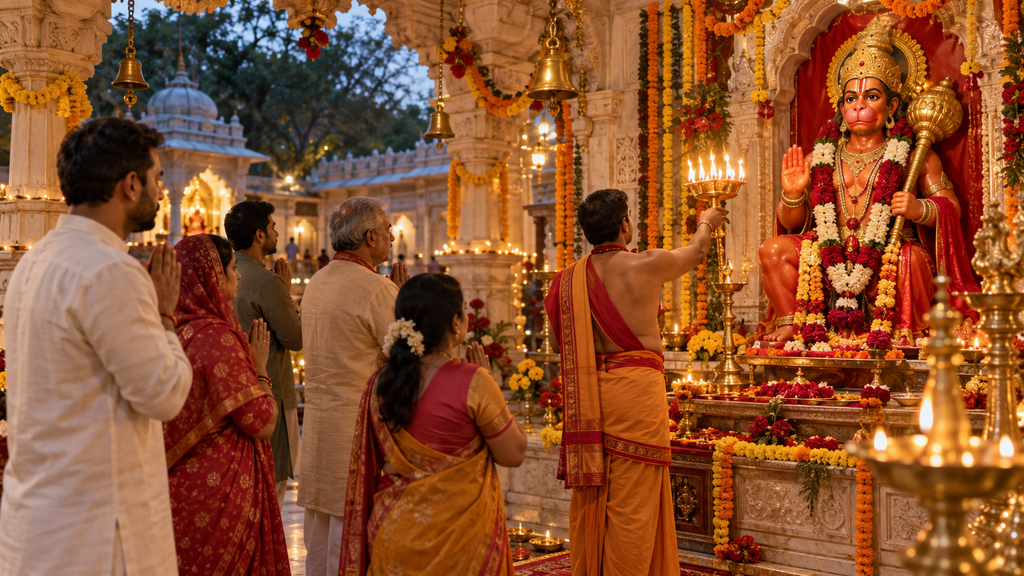 Hanuman Jayanti पर मंदिर में हनुमान चालीसा पाठ करते श्रद्धालु
