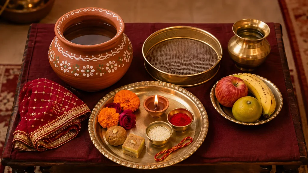  करवा चौथ पूजा सामग्री में करवा छलनी दीपक और पूजा थाली
