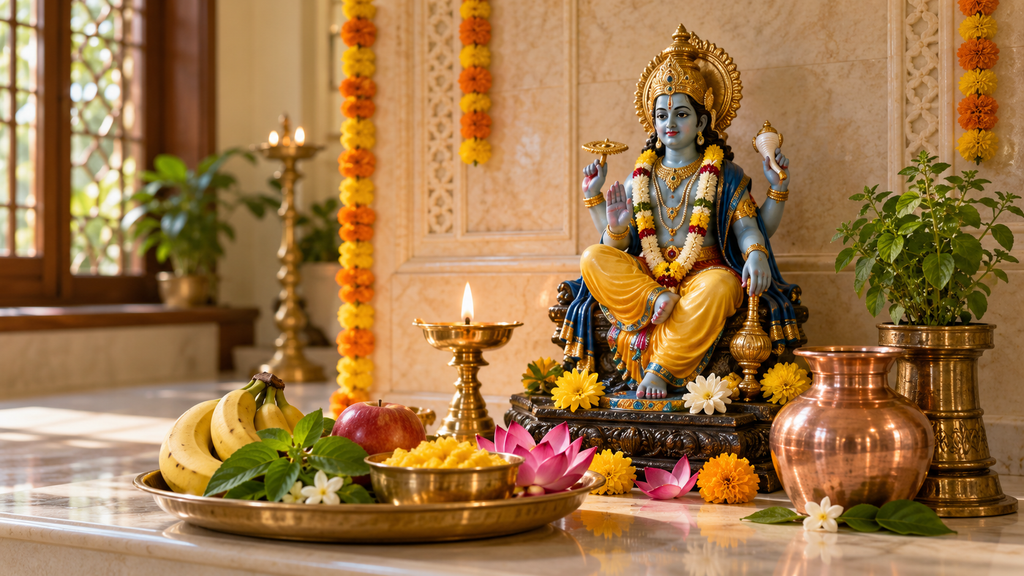  निर्जला एकादशी पर भगवान विष्णु की पूजा में दीप तुलसी और कलश
